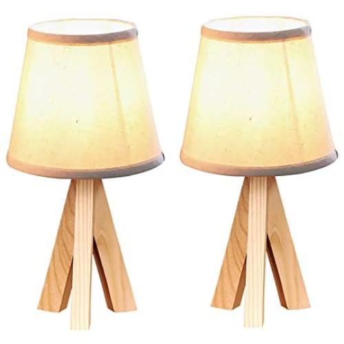 Porseme Bedside Table Lamps Wooden Tripod Small Night Lamps with Linen Shade Modern Side Lamp for Girl Room,Reading Room Nursery -Set of 2