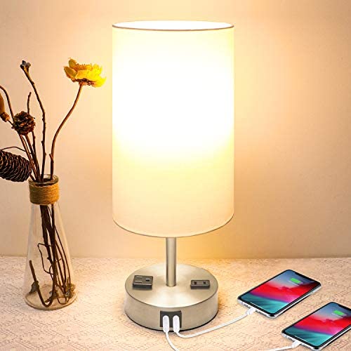 Touch Control Table Lamp, 3 Way Dimmable Bedside Lamp with 2 USB Fast Charging Ports 2 AC Outlets, Modern Touch Nightstand Lamp for Bedroom Living Room Guest Room Office, A LED Bulb Included, Silver