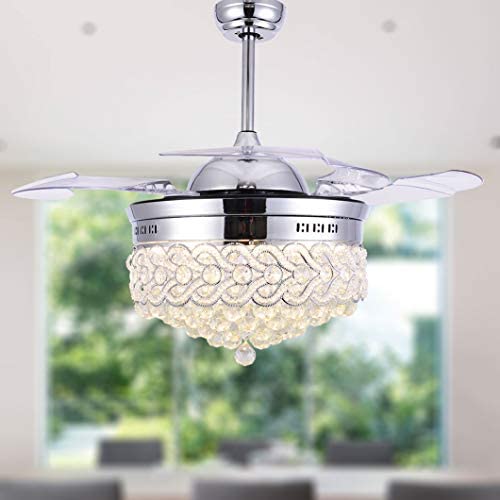 42'' Modern Crystal Ceiling Fan with Light, Crystal Chandelier with Remote Control, Retractable Blades, CCT Dimmable LED Lights, 2 Downrods Adjustable for Dining/Living Room Bedroom