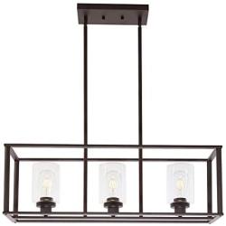 VINLUZ Modern Metal 3 Light Linear Pendant Lighting Oil Rubbed Bronze Finish with Clear Glass Shade Kitchen Island Chandelier Fixture for Kitchen Hallway Bar Dining Room Restaurant