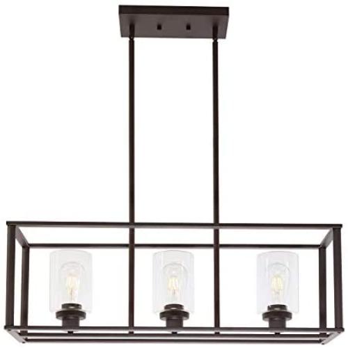VINLUZ Modern Metal 3 Light Linear Pendant Lighting Oil Rubbed Bronze Finish with Clear Glass Shade Kitchen Island Chandelier Fixture for Kitchen Hallway Bar Dining Room Restaurant
