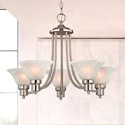 Design Classics Lighting Satin Nickel Modern Hanging Chandelier Light Fixture with Alabaster Glass Shades