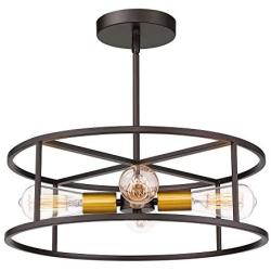 Jazava 18 inches Semi Flush Mount Ceiling Light, 4-Light Close to Ceiling Light Fixtures Hanging Adjustable Pendant Lighting, Cylinder Geometric, Oil Rubbed Bronze and Brass Finish