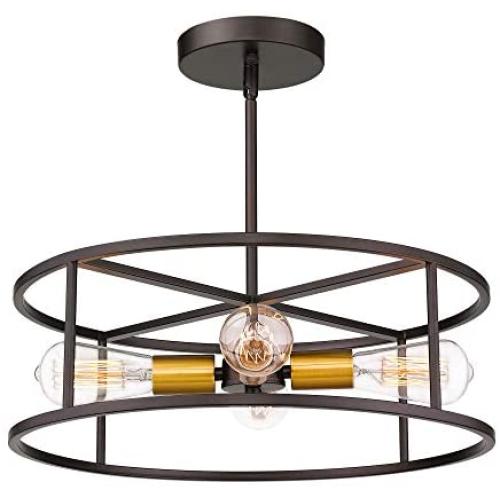 Jazava 18 inches Semi Flush Mount Ceiling Light, 4-Light Close to Ceiling Light Fixtures Hanging Adjustable Pendant Lighting, Cylinder Geometric, Oil Rubbed Bronze and Brass Finish