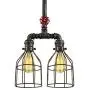 Industrial Vintage Brushed Iron Cage Ceiling Lamp Chandelier - LITFAD Edison Ceiling Light Island Light Double LED Hanging Lantern with Red Valve Water Pipe Pendant Light with 2 Lights