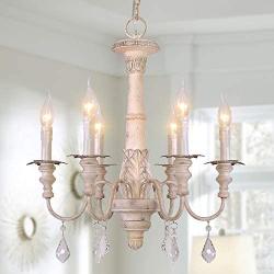 OSAIRUOS French Country Candle-Style Chandelier, Handmade White Distressed Wood Lighting Ceiling Light Fixture Pendant Lamp Chandeliers for Dining Living Room Bathroom W20.8