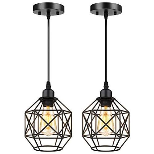 Pendant Lighting, Industrial Light Fixture, Retro Vintage Farmhouse Pendant Lights , Black Metal Cage Hanging Lights, Ceiling Lamp for Kitchen Island, Living Room, Dining Room, Loft, E26 Base, 2-Pack