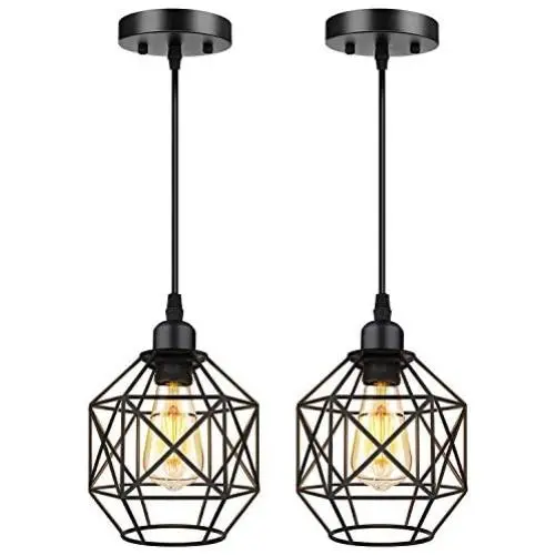 Pendant Lighting, Industrial Light Fixture, Retro Vintage Farmhouse Pendant Lights , Black Metal Cage Hanging Lights, Ceiling Lamp for Kitchen Island, Living Room, Dining Room, Loft, E26 Base, 2-Pack