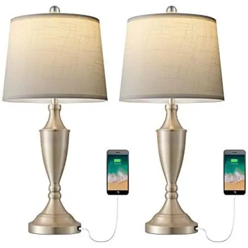 BOBOMOMO 25.25 Modern USB Table Lamp Set of 2 for Living Room Bedroom Bedside Lamps with Charging Port Fabric Drum Shade (Silver)