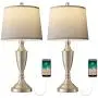 BOBOMOMO 25.25 Modern USB Table Lamp Set of 2 for Living Room Bedroom Bedside Lamps with Charging Port Fabric Drum Shade (Silver)