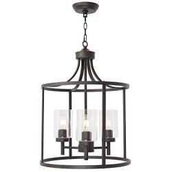 VINLUZ Industrial 3-Light Kitchen Island Chandelier Oil Rubbed Bronze with Clear Glass Shade, Modern Cage Pendant Lighting Farmhouse Metal Hanging Ceiling Light Fixture for Dining Room Bar