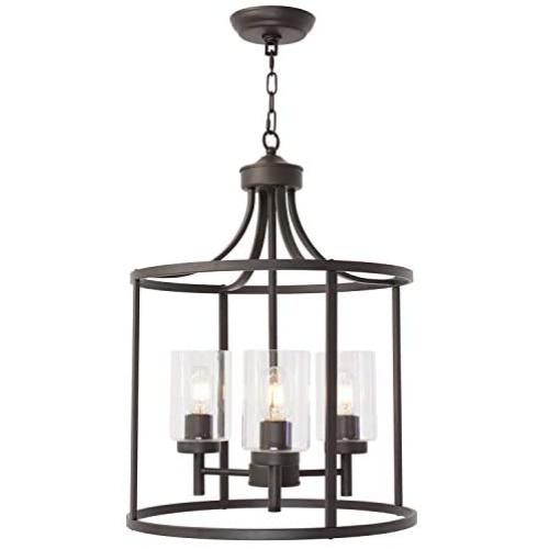 VINLUZ Industrial 3-Light Kitchen Island Chandelier Oil Rubbed Bronze with Clear Glass Shade, Modern Cage Pendant Lighting Farmhouse Metal Hanging Ceiling Light Fixture for Dining Room Bar