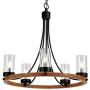 Maxax Industrial Rustic Farmhouse Wagon Wheel Chandelier,5-Lights Round Kitchen Island Light for Living Room Dining Room Farmhouse Kitchen Island,Wood Finish