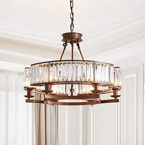 CROSSIO 6 Lights Luxury Round Crystal Chandelier Vintage Brown Iron Pendant Light for Dining Room Bedroom Living Room D25.6'' x H20''