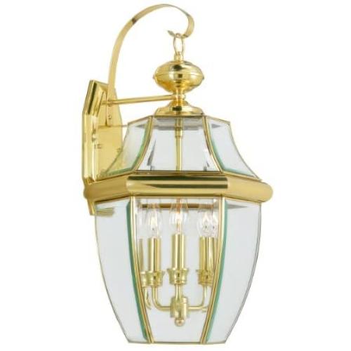 Livex Lighting 2351-02 Monterey 3 Light Outdoor Polished Brass Finish Solid Brass Wall Lantern with Clear Beveled Glass