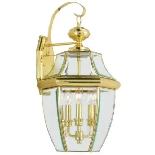 Livex Lighting 2351-02 Monterey 3 Light Outdoor Polished Brass Finish Solid Brass Wall Lantern with Clear Beveled Glass