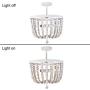 A1A9 Farmhouse Wood Bead Chandelier, Antique Rustic Pendant Light with Distressed White Finishing, 3-Lights Bohemia Semi Flush Mount Ceiling Lights for Dining Room Kitchen Bedroom Foyer D15.7''