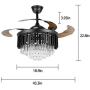 Indoor Low Profile Ceiling Fan Chandelier with LED Light and Remote, 42& Modern Black Crystal Fandelier Hidden Ceiling Fan with Light, Retractable Blade Ceiling Fan for Living Dining Room Bedroom