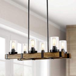 LALUZ Kitchen Light Fixtures,6-Lights Dining Room Lighting Fixtures Hanging, Double Wood Beam Farmhouse Chandelier 25.6”L x 13.4” W x 63” H