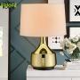 Gold Plating Metal Table Lamp, LMS 21” Classic Bedside Lamp with Linen Drum Lampshade, Modern Nightstand Lamps for Living Room, Bed Room, Dining Room, LMS-044