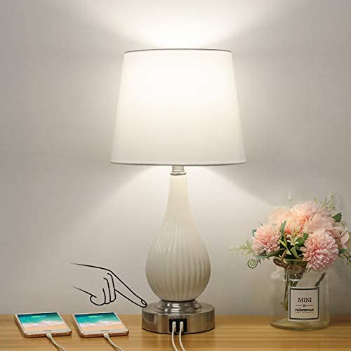 Touch Control Ceramic Table Lamp with USB Charging Ports, Dimmable Modern Nightstand Lamp with White Fabric Shade, Bedside Minimalist Lamp for Bedroom, Living Room, Office, A19 6W LED Bulb Included Touch Control Ceramic Table Lamp with USB Charging Ports, Dimmable Modern Nightstand Lamp with White Fabric Shade, Bedside Minimalist Lamp for Bedroom, Living Room, Office, A19 6W LED Bulb Included