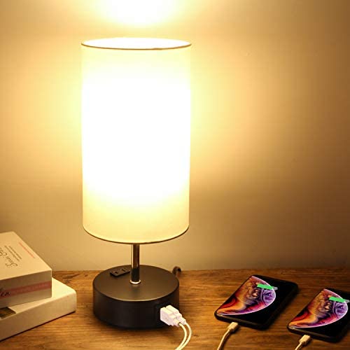 Touch Control Table Lamp, 3-Way Dimmable, Bedside Nightstand Lamp with 2 USB Charging Ports and AC Outlet, Fabric Shade Modern Lamp for Bedroom Living Room Guest Room, 6W E26 Edison LED Bulb Included