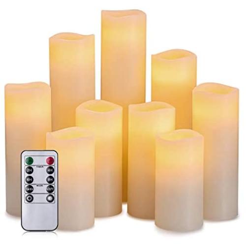 Hausware Flameless Candles Battery Operated Candles H 4'' 5'' 6'' 7'' 8'' 9'' Real Wax Pillar Flickering LED Candle with 10-Key Remote and Timer Control Set of 9 (Ivory Color)