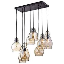 FM-24 Vintage 8-Lights Island Cognac Glass Cluster Pendant Chandelier Antique Black Finish Glass Ceiling Lights for Dining Room, Cafe, Bar