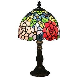 Tiffany Style Table Lamp Bedside Lamp,Stained Glass Desk Lamp Reading Lamp for Living Room Bedroom,Antique Zinc Base,8''Floral Lampshade,Purple Pink Rose