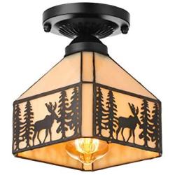 KWOKING Lighting Vintage Elk Pattern Ceiling Lighting Fixtures Tiffany Stained Glass Style Flush Mount Ceiling Light for Living Room, Hallway, Kitchen, Dining Room Black 7.48inch