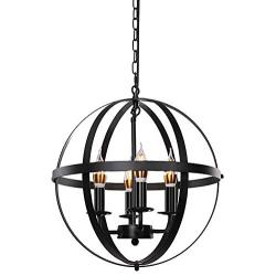 Lika 4-Light Chandeliers 15.8'' Rustic Farmhouse Pendant Light with Industrial Metal Spherical Shade for Kitchen Island, Dining Room, Farmhouse, Foyer (Black)