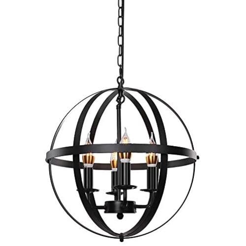 Lika 4-Light Chandeliers 15.8'' Rustic Farmhouse Pendant Light with Industrial Metal Spherical Shade for Kitchen Island, Dining Room, Farmhouse, Foyer (Black)