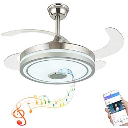 Modern Ceiling Fan Retractable Blades with Light and Bluetooth Speaker Smart Ceiling Fans Lights 3 Color Change Invisible Ceiling Chandelier Fan with Remote 6 Speeds for Bedroom Living Room 42'' Silver