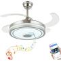 Modern Ceiling Fan Retractable Blades with Light and Bluetooth Speaker Smart Ceiling Fans Lights 3 Color Change Invisible Ceiling Chandelier Fan with Remote 6 Speeds for Bedroom Living Room 42'' Silver