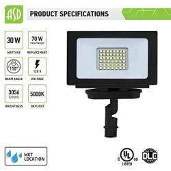 ASD 30W LED Flood Light with Arm - 5000K Daylight 3056 Lm - 70W MH Equivalent - IP65 Waterproof - 120V Commercial Super Bright LED Floodlight Outdoor Garage - Black Finish - UL & DLC Standard, 10-Pack