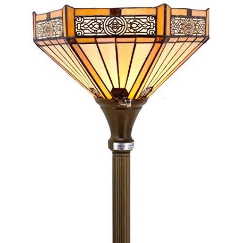 Tiffany Floor Lamp Torchiere Up Lighting W12H66 Yellow Stained Glass Hexagon Lampshade Antique Style Standing Iron Base 1E26 Foot Switch S011 WERFACTORY Lamps Home Office Living Bedroom Decoration