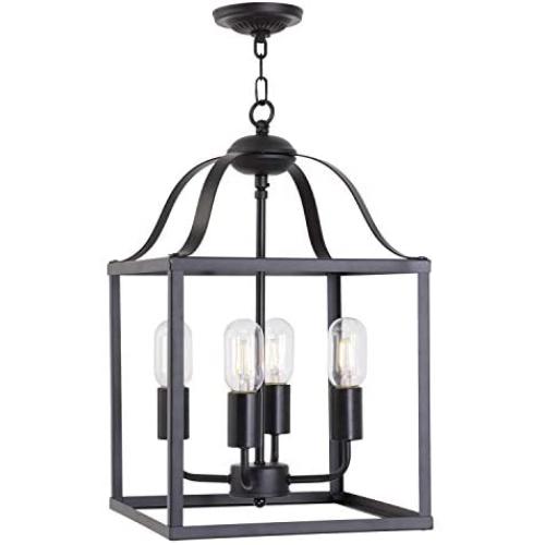 MELUCEE Lantern Chandelier 4 Lights Black Farmhouse Pendant Light, Industrial Vintage Dining Room Lighting Fixtures Hanging Kitchen Island Lighting Foyer Chandelier