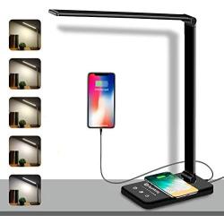 LED Desk Lamp, Wireless Charging Lamp, Sunfuny Office Table Lamps with Qi Wireless Charger, USB Charging Port, Dimmable 25 Lighting Modes, 30min/1h Timer, Touch Control (Black)