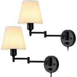 Wall Lamp Set of 2, Wall Sconces with Adjustable Swing Arm, Plug in Cord & Hardwired Modern Wall lamp Fabric Shade Wall Lights Fixtures for Hallway Bedroom Living Room Farmhouse, Bedside Reading Lamp