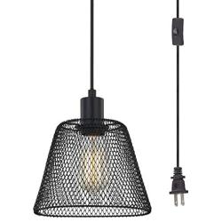 WOXXX Black Cage Plug in Pendant Light with Metal Shade, Farmhouse Pendant Lighting Plug in for Kitchen Island Living Room Bedroom, Industrial Chandelier 1-Light Hanging Lamp, in-Line On/Off Switch