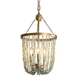 Stone Beaded Chandelier Lighting Fixture 3-Light Home Decor Gold Metal Chandeliers 12''D x 21.9''H Ceiling Mounted Pendant Lamp for Dining Room, Bedrooms, Bathroom, Foyer, Doorways