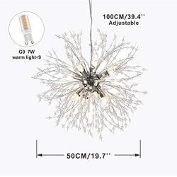 BOKT Modern Crystal Chandelier Golden Firework Pendant Light Fixtures with 7W G9 LED Bulbs, Dandelion Hanging Pedant Light for Living Room Dining Room Restaurant (Silver, 19.7''/ 50cm)