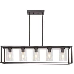 VINLUZ 5-Light Kitchen Island Chandeliers Oil Rubbed Bronze Modern Linear Cage Pendant Lighting with Clear Glass Shades Farmhouse Ceiling Light Fixtures Hanging for Dining Room Living Room