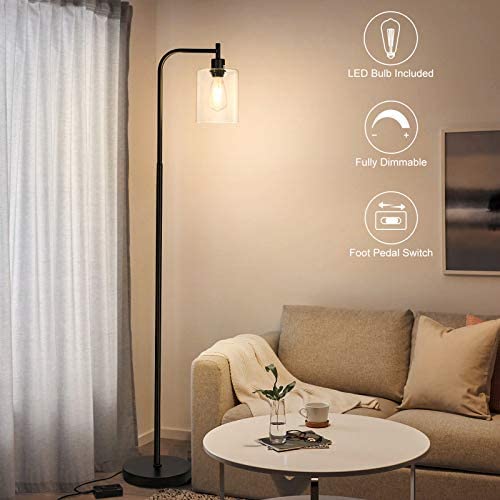 Boncoo Industrial Floor Lamp Fully Dimmable LED Floor Lamp Simple Standing Lamp with Glass Shade, Minimalist Tall Pole Lamp Farmhouse Corner Light for Living Room Office Reading, 6W LED Bulb Included