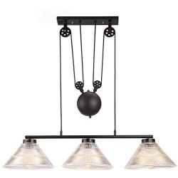 KWOKING Lighting Industrial Pulley Pendant Light Vintage 3 Lights with Pleated Frosted Glass Shade Adjustable Barn Hanging Lamp for Living Room,Dining Room,Farmhouse
