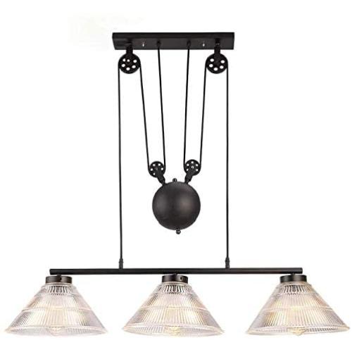 KWOKING Lighting Industrial Pulley Pendant Light Vintage 3 Lights with Pleated Frosted Glass Shade Adjustable Barn Hanging Lamp for Living Room,Dining Room,Farmhouse
