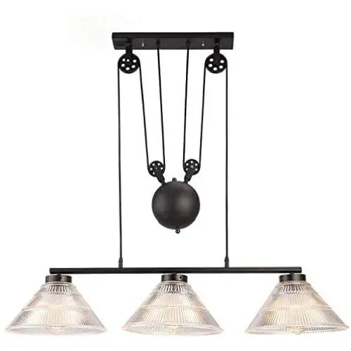 KWOKING Lighting Industrial Pulley Pendant Light Vintage 3 Lights with Pleated Frosted Glass Shade Adjustable Barn Hanging Lamp for Living Room,Dining Room,Farmhouse