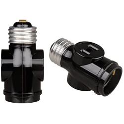 Onite E26 to 2 Outlet Light Socket Splitter Adapter Black, 2-Pack