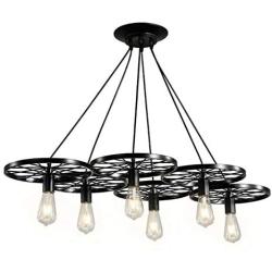 TFCFL Rustic Hanging Chandelier Fixture Wagon Wheel Ceiling Pendant Lamp Lighting E27 Farmhouse Retro 6 Lights for Cabin Kitchen Island Dining Room Bedroom and Foyer (Black)