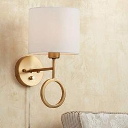 Amidon Wall Lamp Plug in Warm Brass Ring White Drum Shade for Bedroom Living Room Reading - 360 Lighting